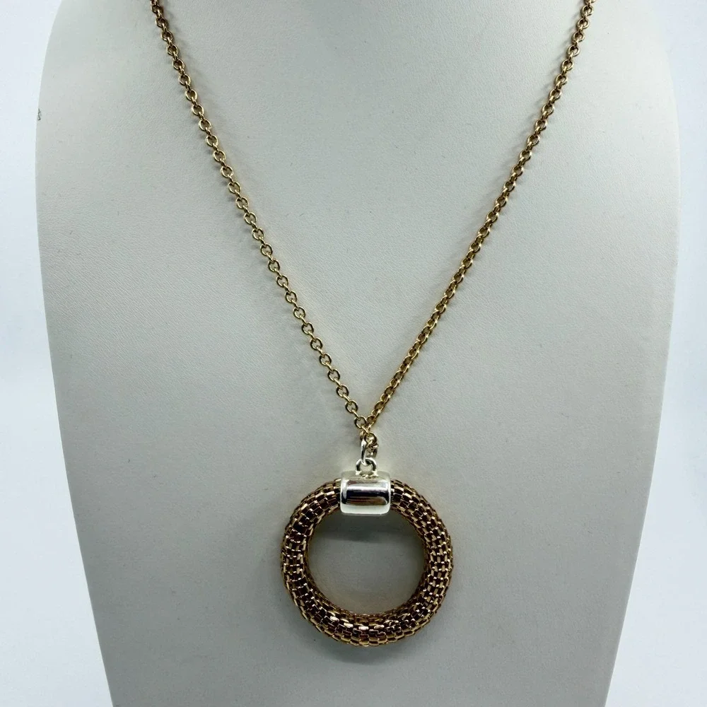 SHB Mesh Circle Pendant Necklace Gold Tone Textured Statement Layering Boho Gift